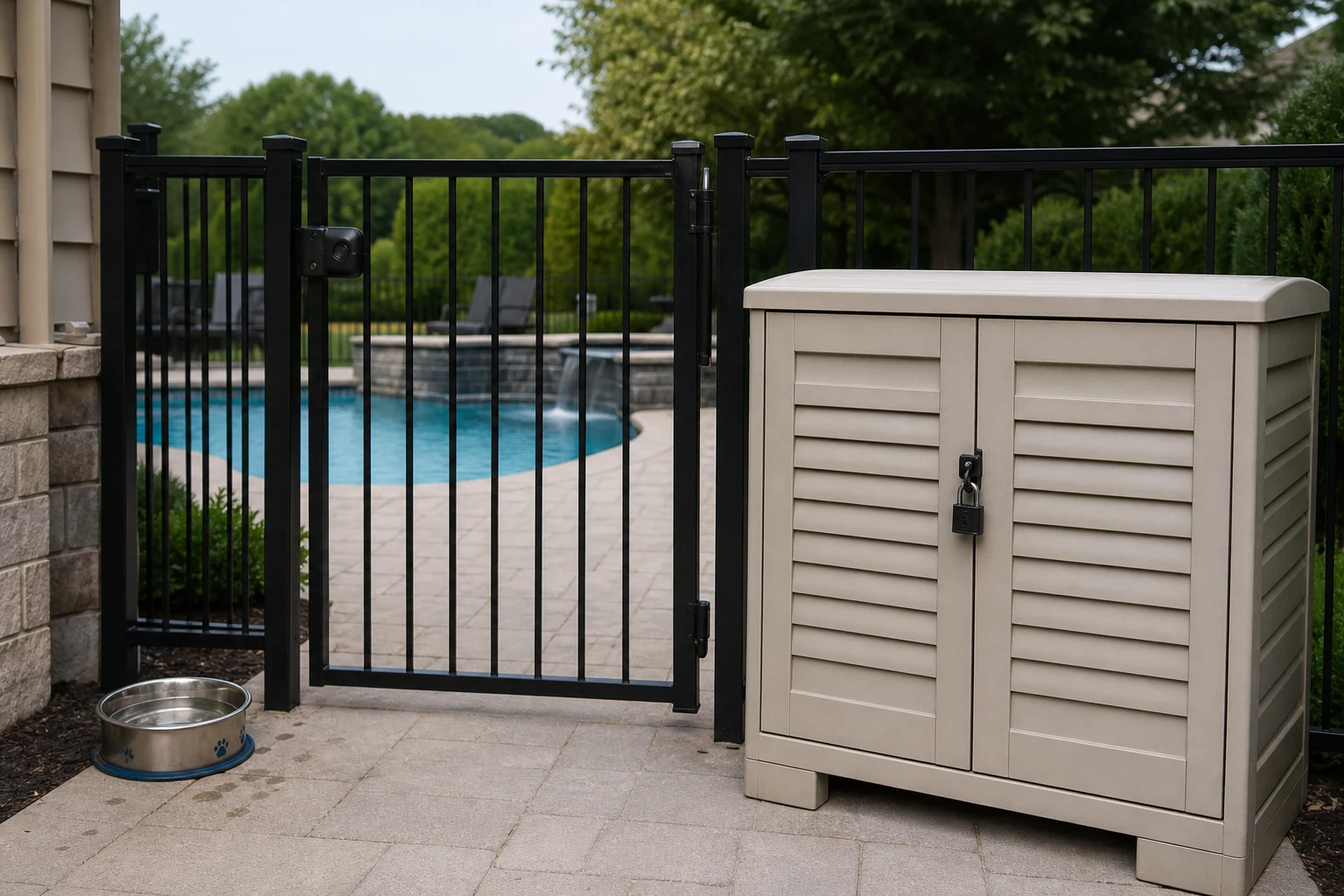 A secured pool gate, fresh pet water, and locked chemical storage