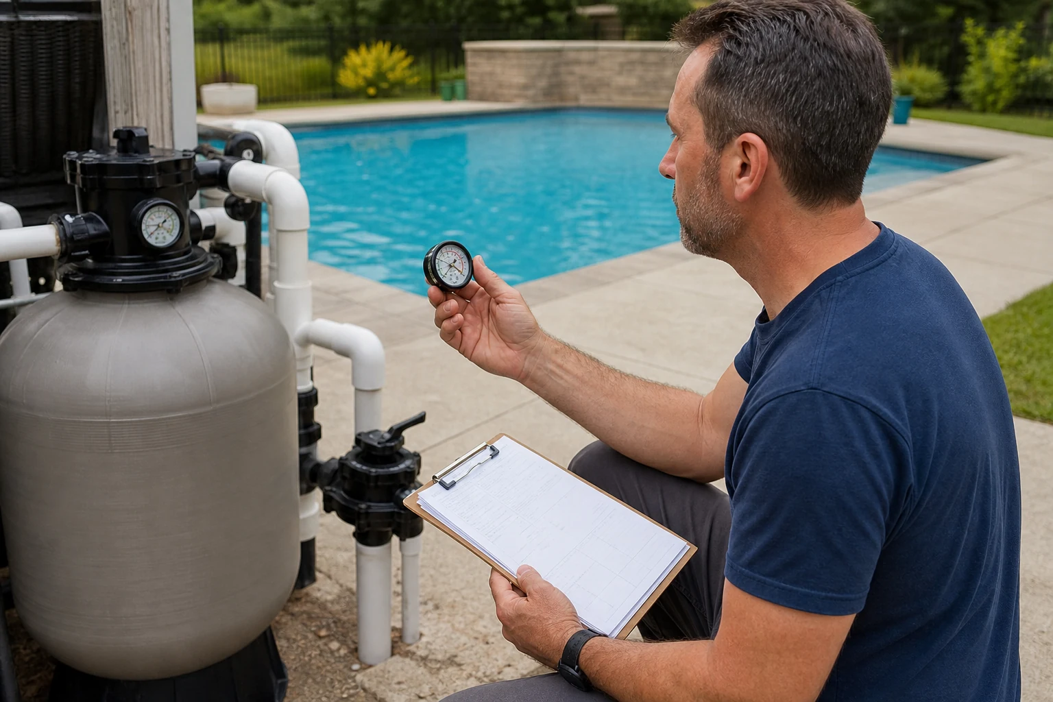 A homeowner comparing filter pressure, water use, and maintenance notes