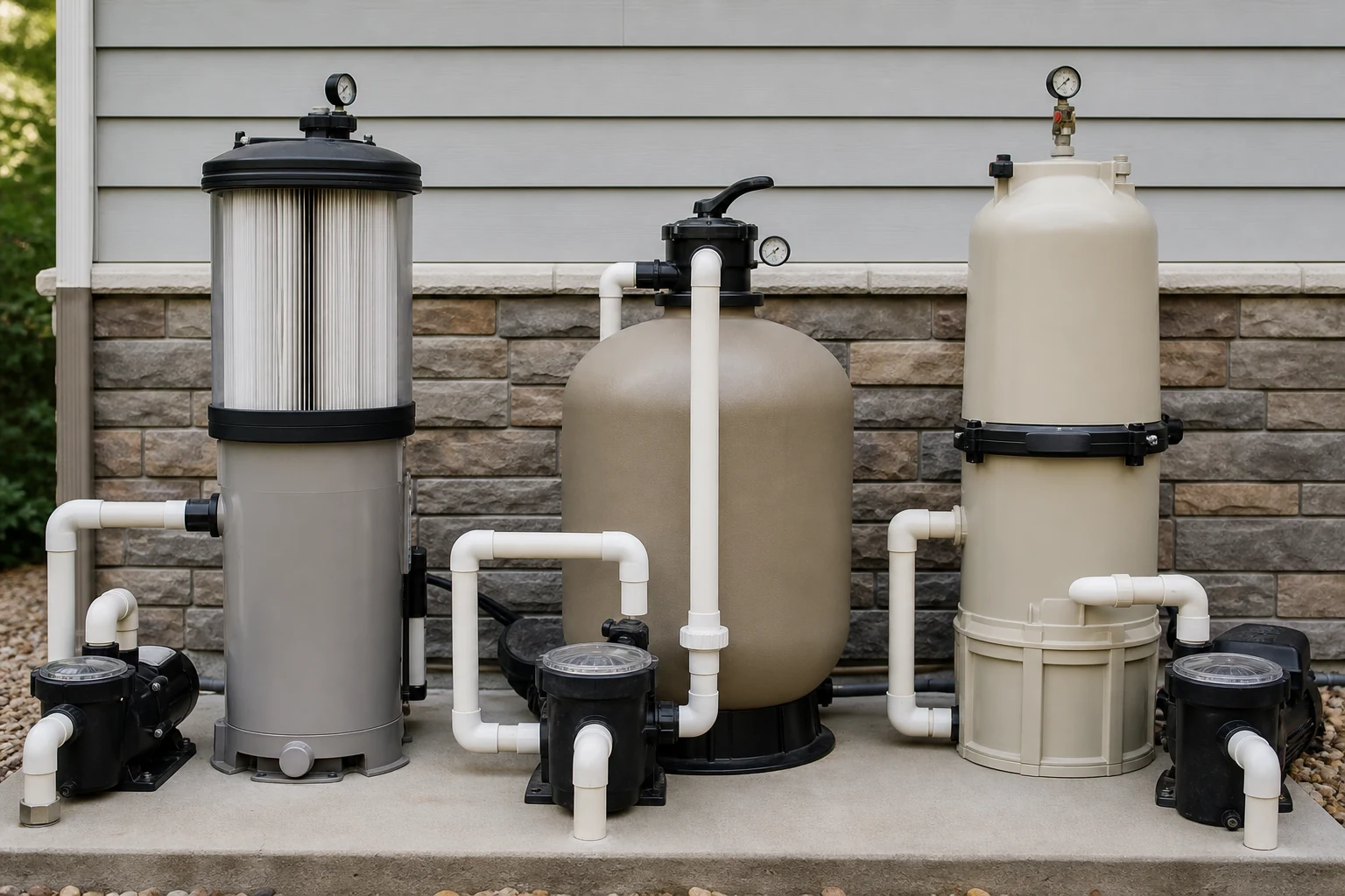 Cartridge, sand, and DE pool filters arranged for a clear comparison