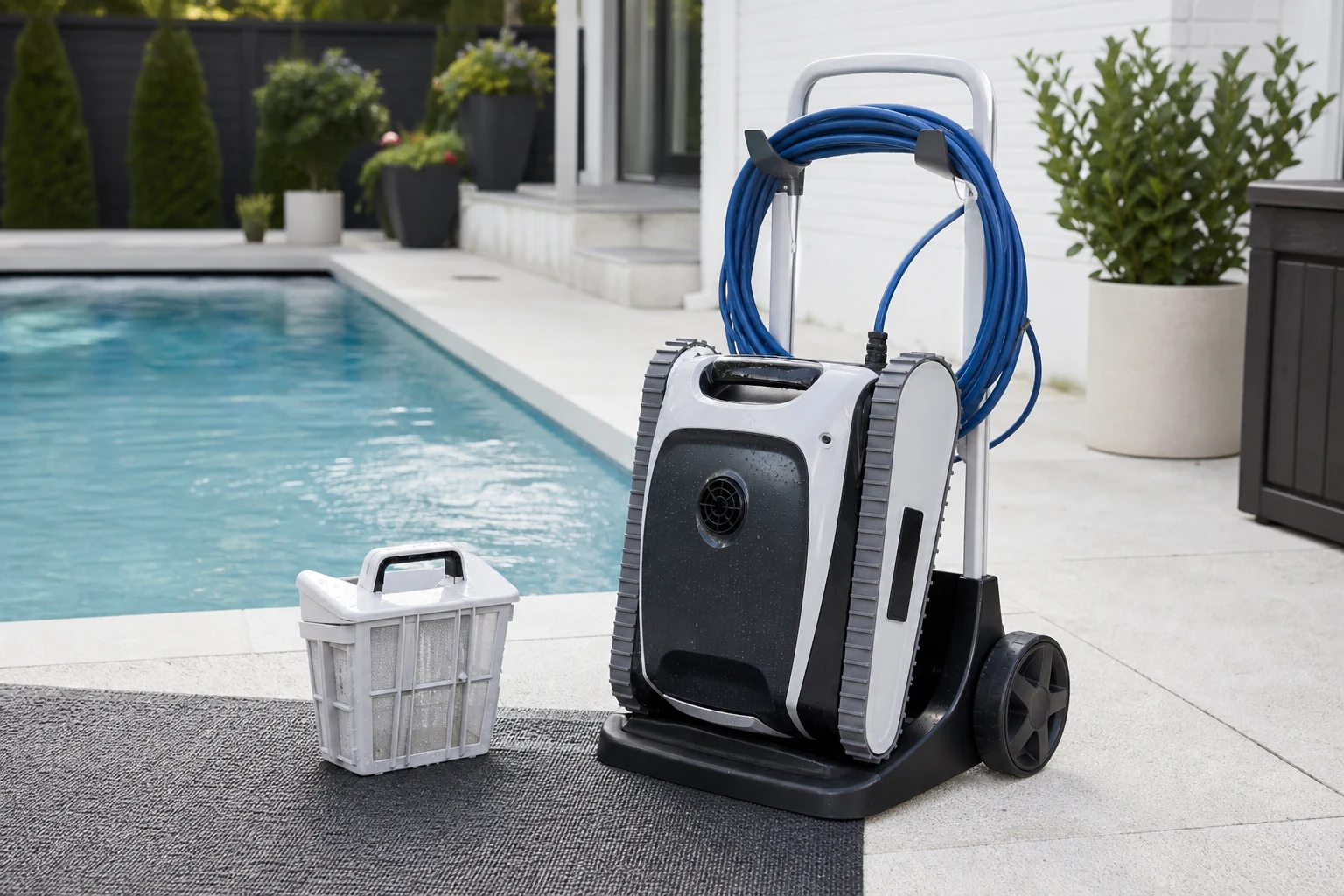 A cleaned robotic pool cleaner stored on a caddy with its filter basket removed