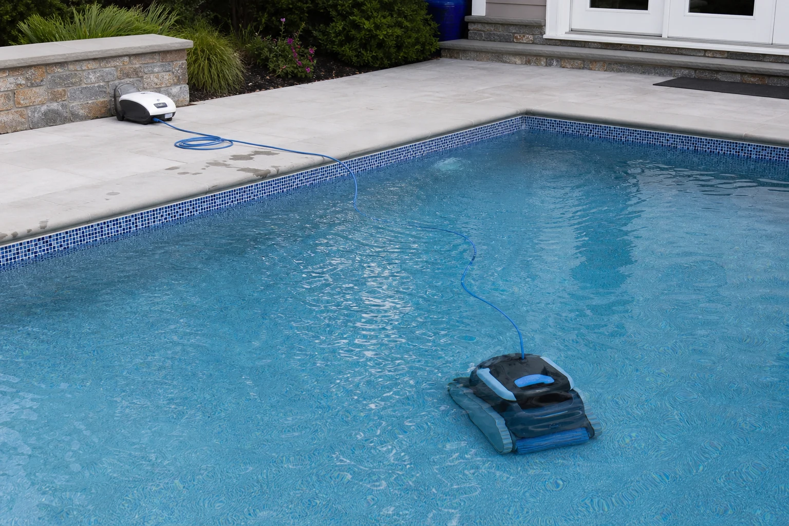 A robotic pool cleaner working on the floor of a modern backyard pool