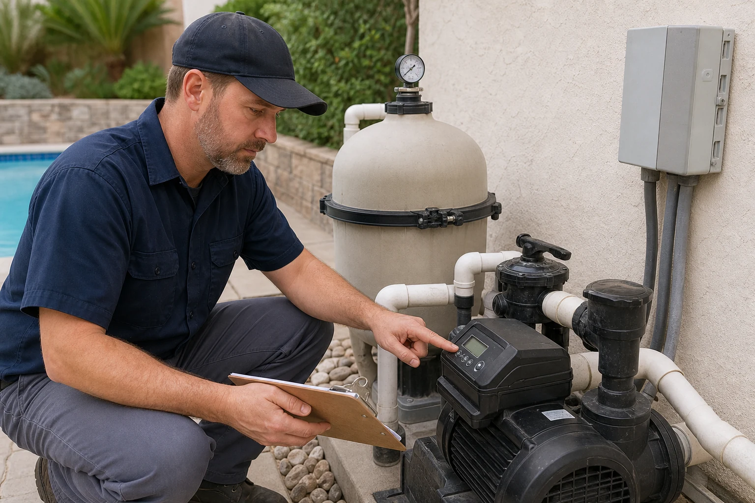 A commissioning sheet showing pump speed, filter pressure, and verified equipment modes