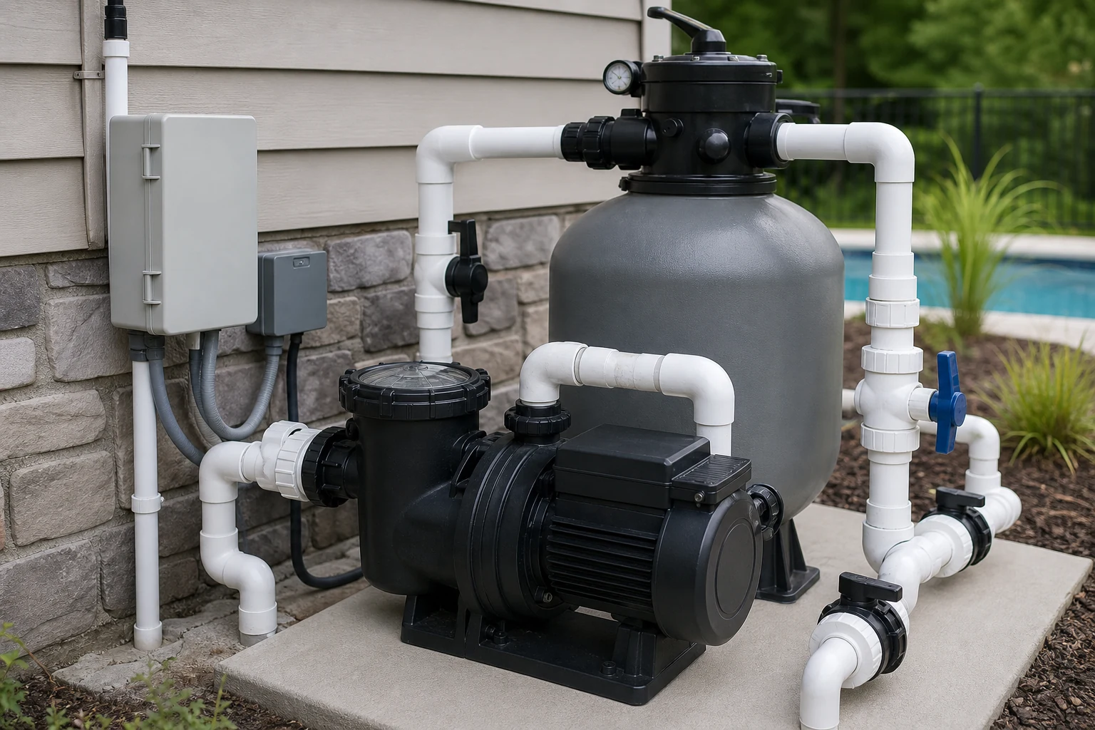 A variable-speed residential pool pump installed beside a filter and labeled valves