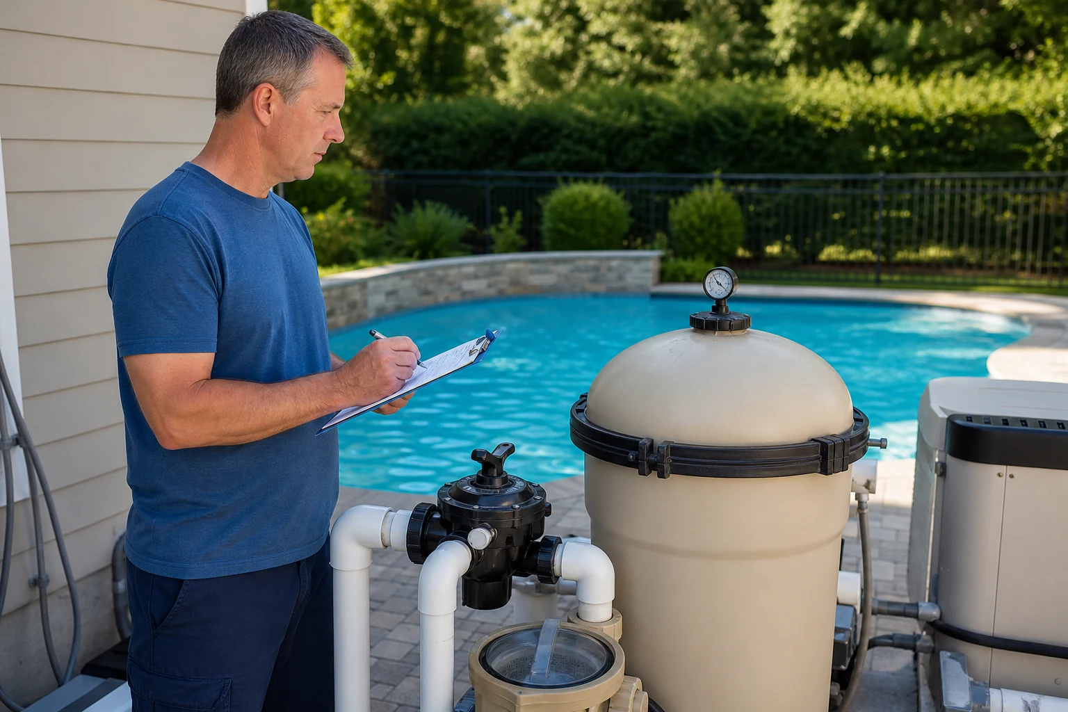 A homeowner recording clean filter pressure after safe reassembly