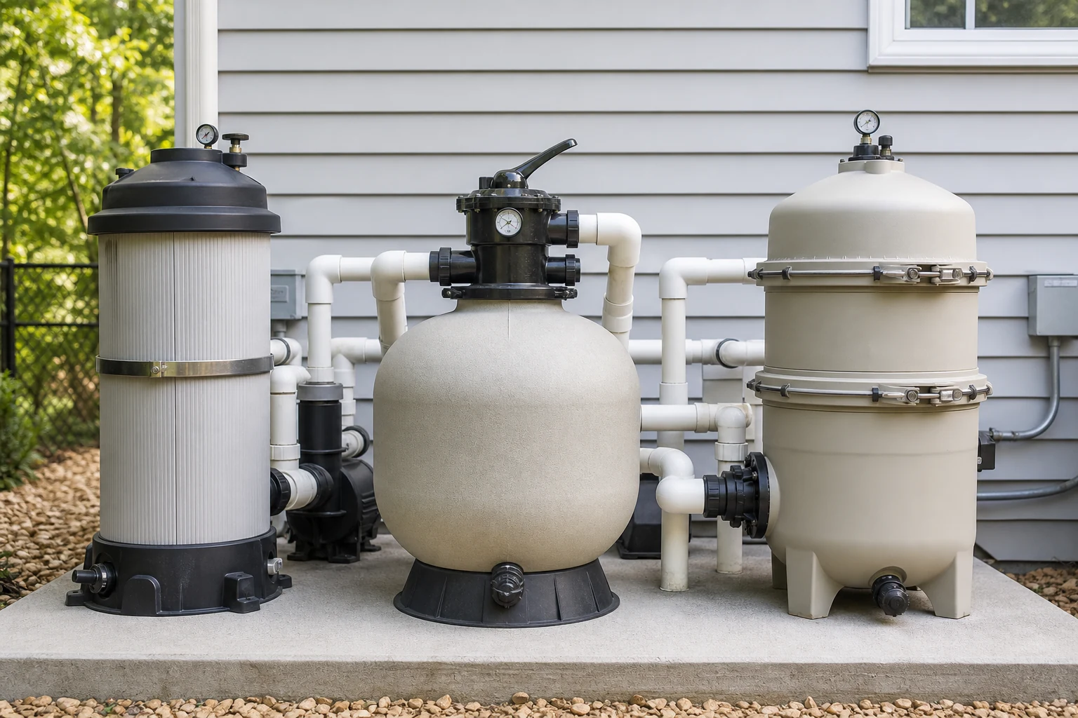Three residential pool filter types shown in a clean equipment area