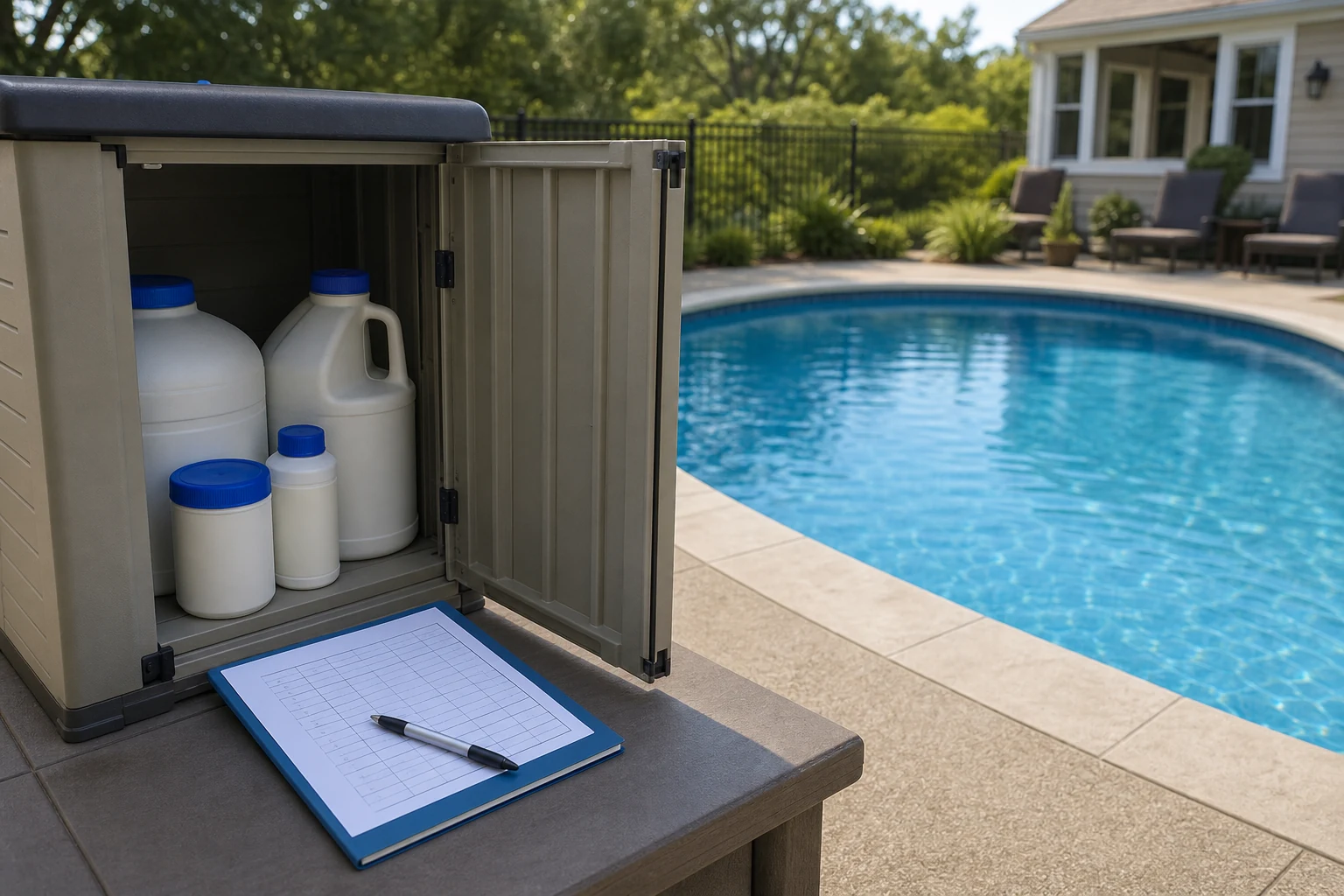 Separate labeled chlorine products beside a clear outdoor pool and test log