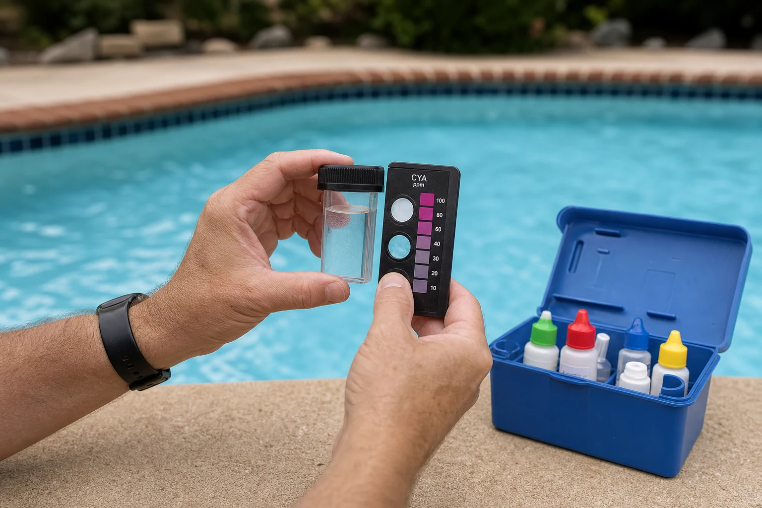 An outdoor pool water sample being tested for cyanuric acid in sunlight