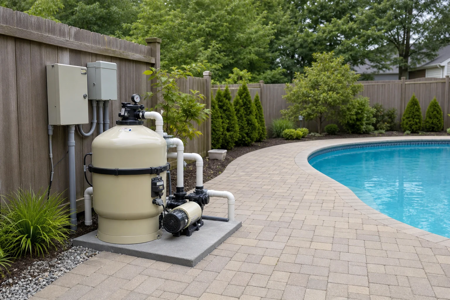 A dry, labeled pool equipment pad with closed panels and safe cord separation