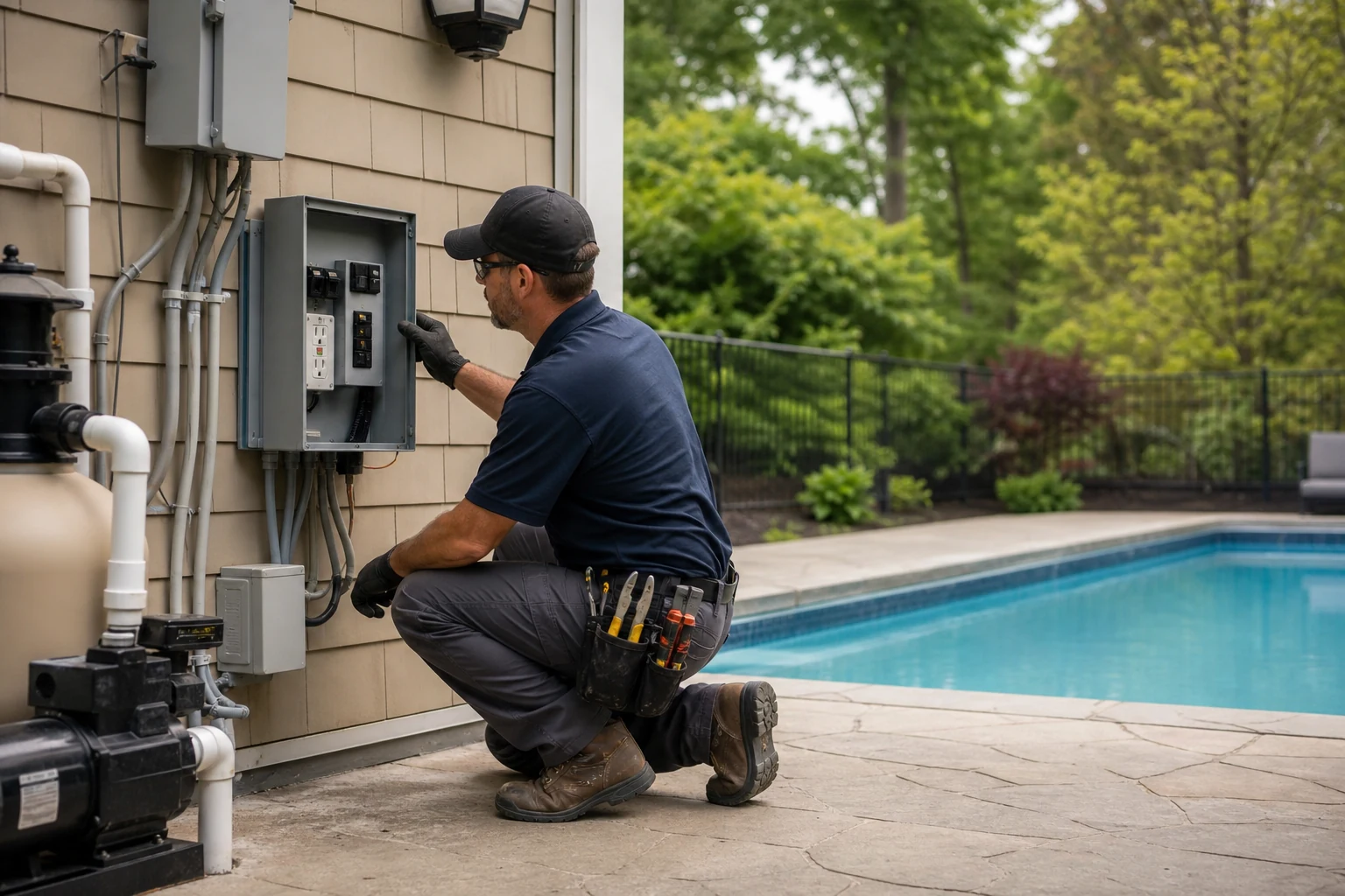 A qualified electrician inspecting a GFCI-protected residential pool equipment panel