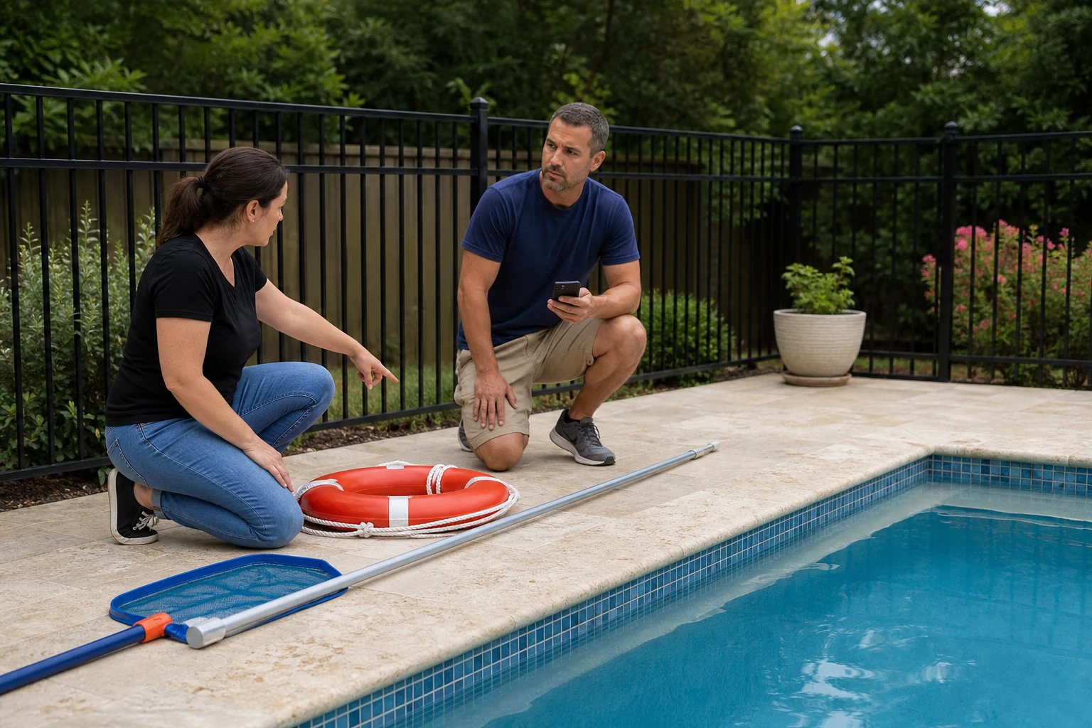 Adults conducting a dry-deck emergency role practice beside a secured pool