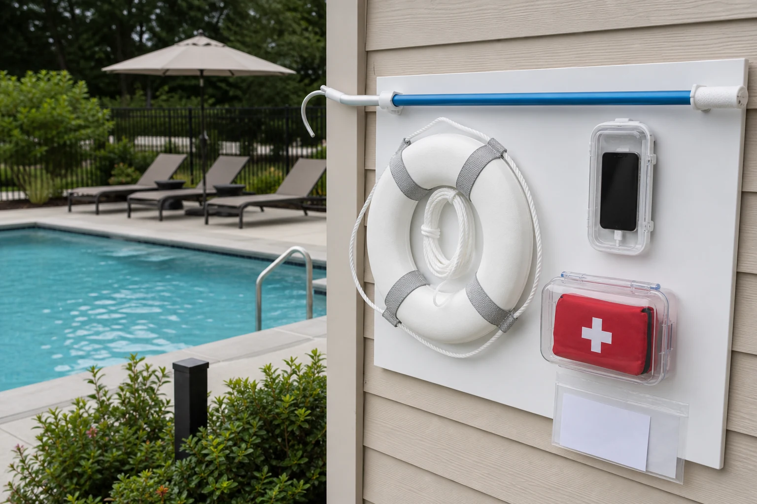 A poolside emergency station with reaching pole, throwing aid, phone, and address card