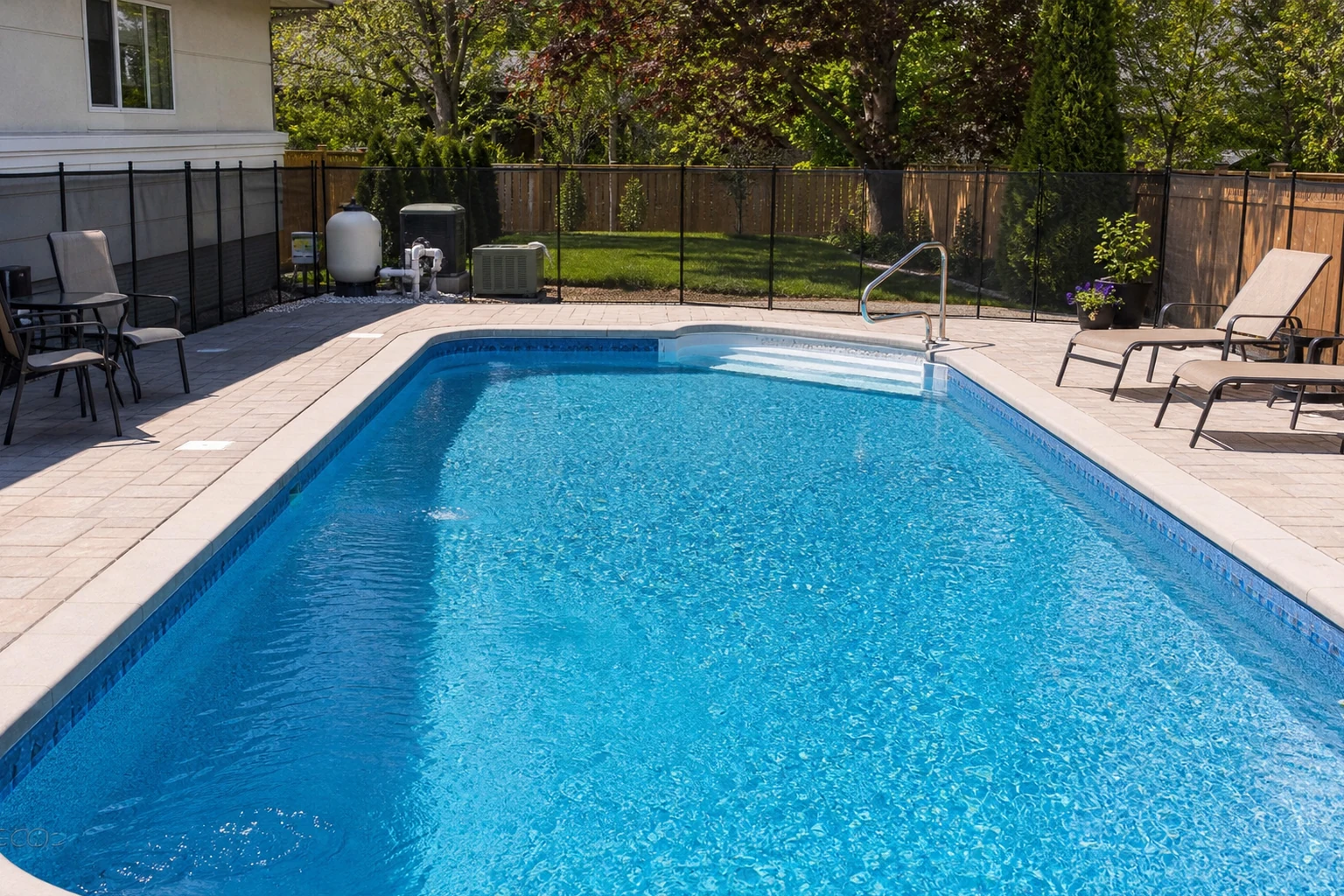 A clear reopened backyard pool with working circulation and secured safety gate