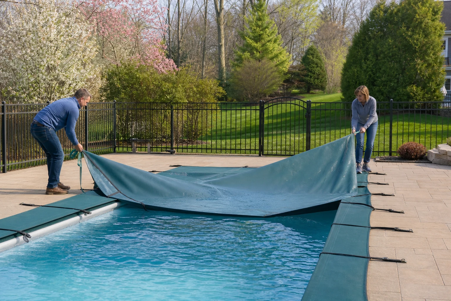 A homeowner removing a clean winter cover from a backyard pool in spring
