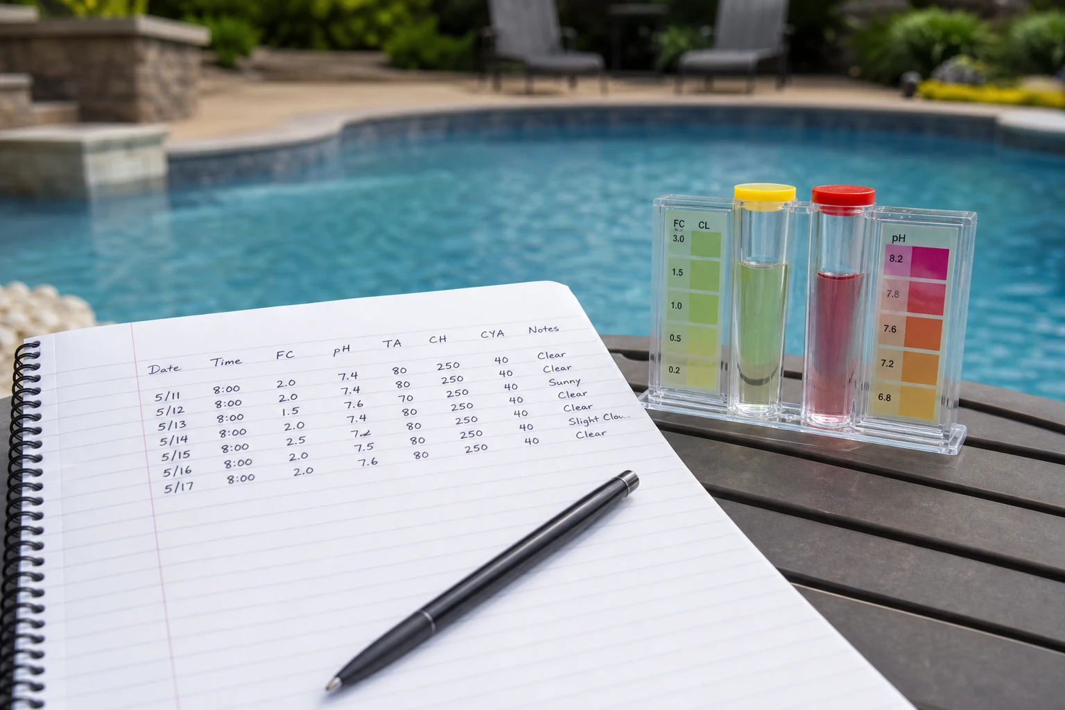A neatly written pool test log beside labeled test cells in daylight
