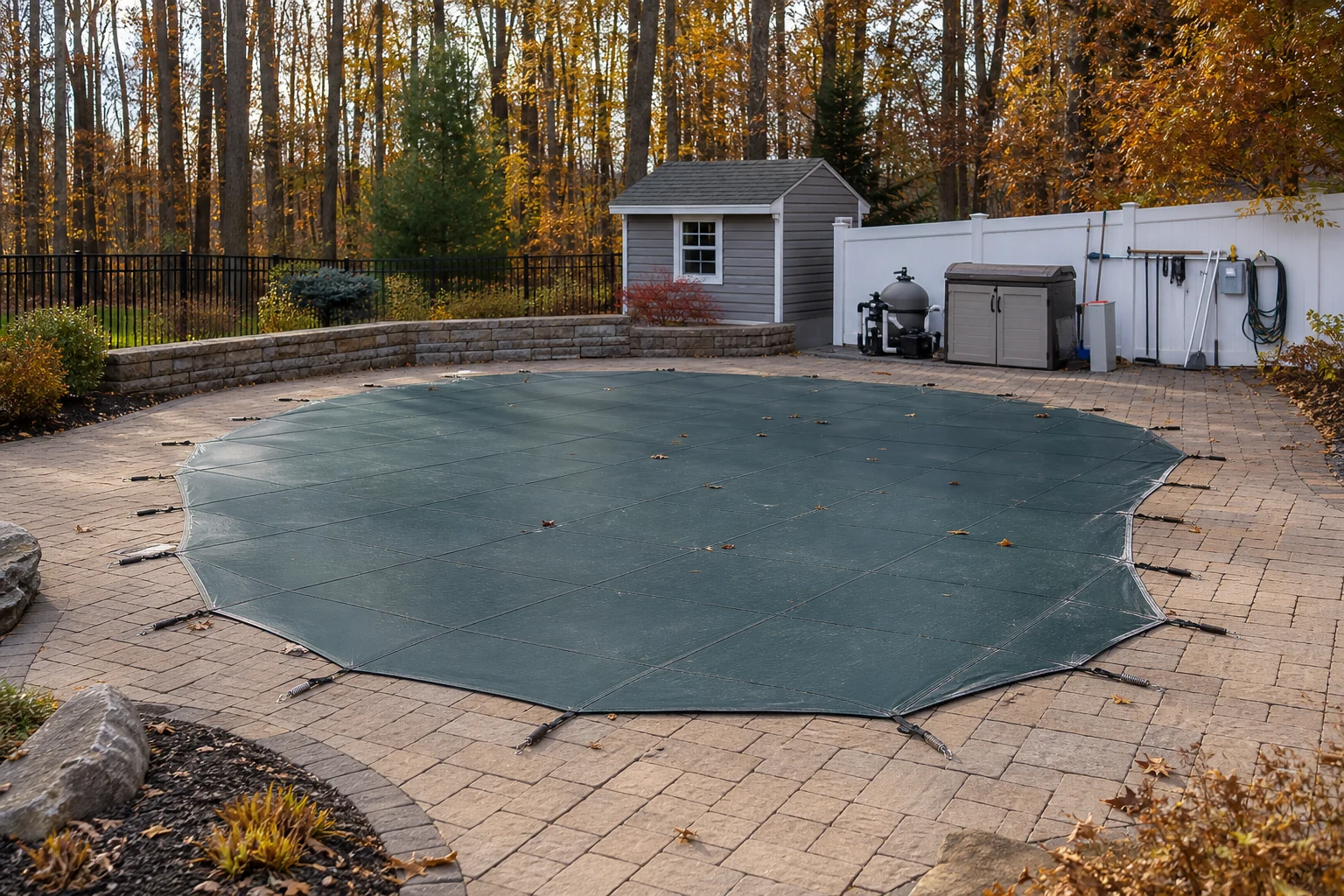 A securely covered backyard pool with labeled winterized equipment nearby