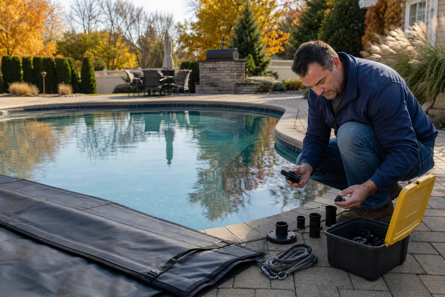 A clean residential pool being prepared for a secure winter cover