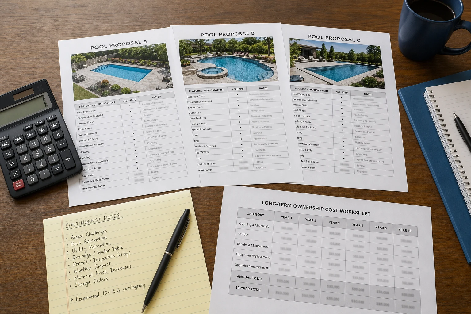 Three normalized pool proposals compared line by line with contingency and ownership costs