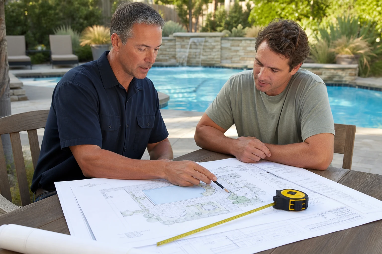 A homeowner and pool contractor reviewing an itemized backyard pool plan