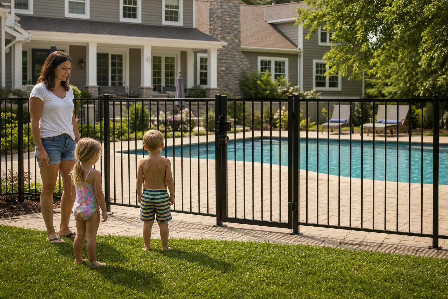 A four-sided pool fence with a self-latching gate separating children from the water