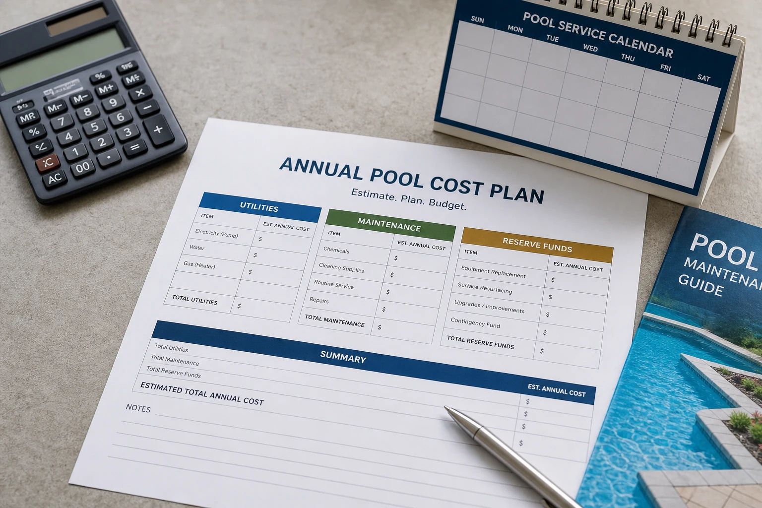 A simple annual pool cost dashboard showing utilities, maintenance, and reserves