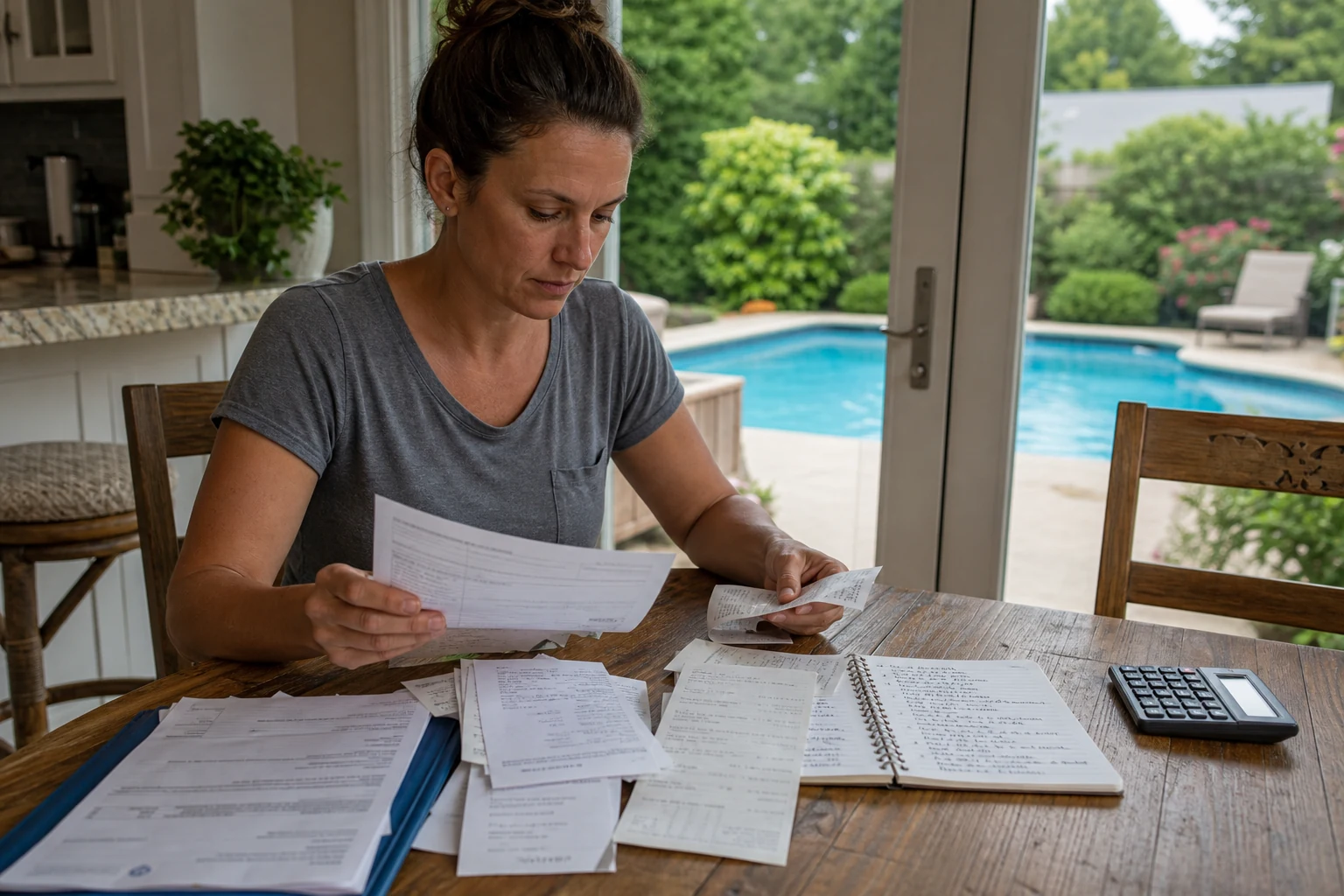 A homeowner organizing pool utility bills, chemical receipts, and a maintenance log
