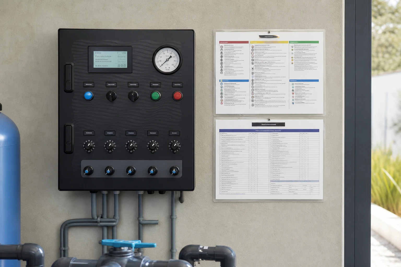 A labeled local control panel with a printed fallback and commissioning sheet