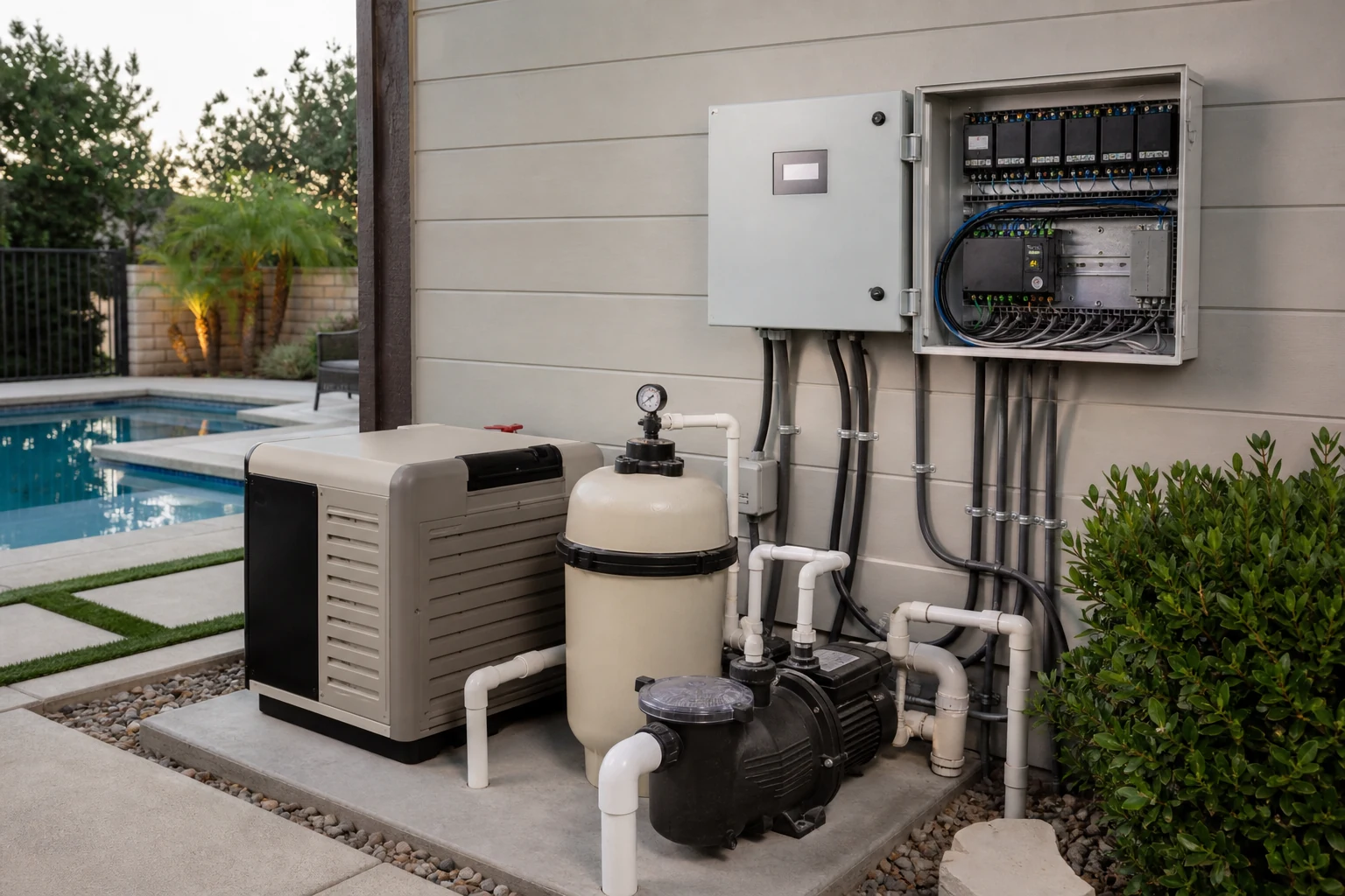 A pool automation panel coordinating pump, heater, and lighting schedules