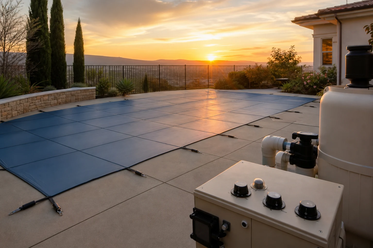 A covered pool retaining heat at sunset with heater controls set conservatively