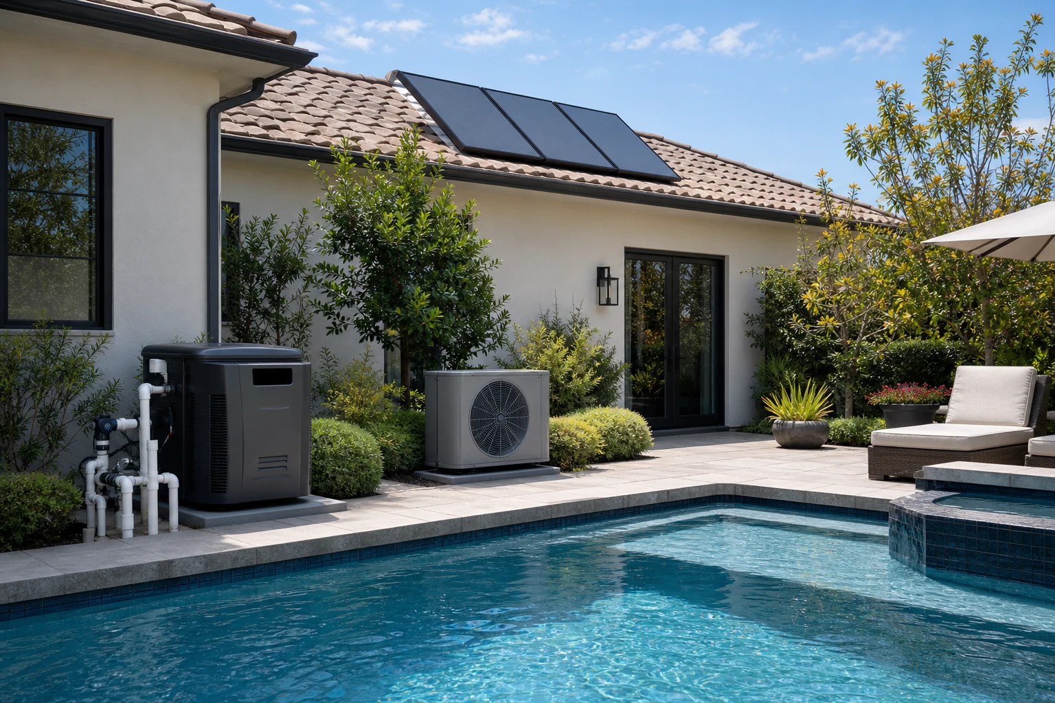 Gas, heat-pump, and rooftop solar pool-heating options at a residential pool