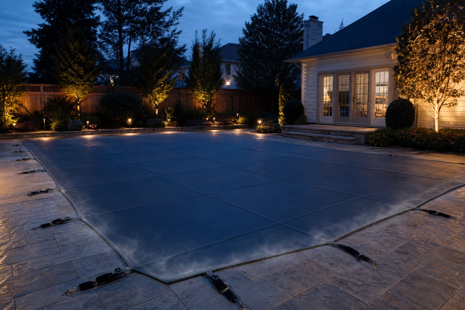 A covered residential pool at dusk retaining heat on a cool evening