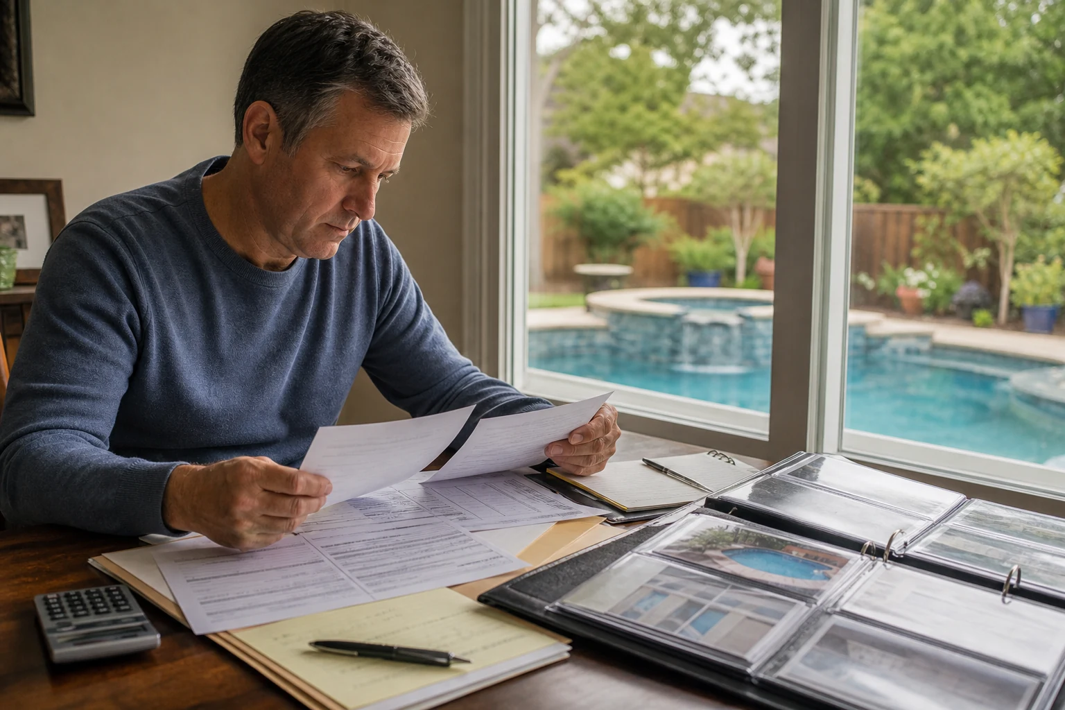 A homeowner reviewing insurance, assessment, and pool improvement records