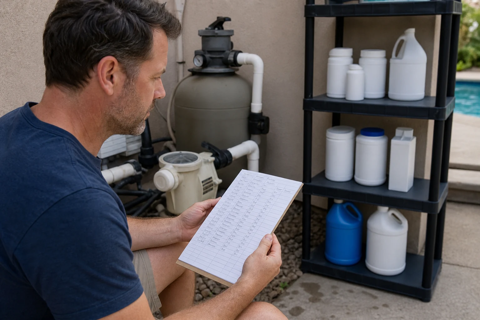 A homeowner reviewing a trend log of pH and alkalinity instead of adding chemicals
