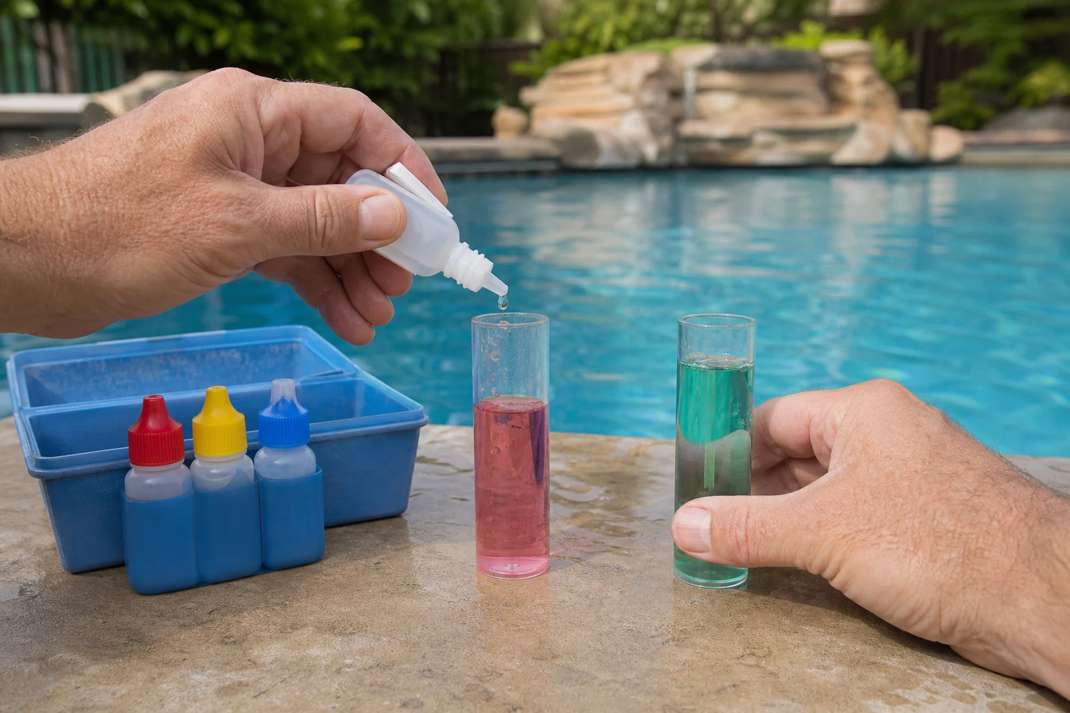 A pool test kit showing separate pH and total alkalinity measurements
