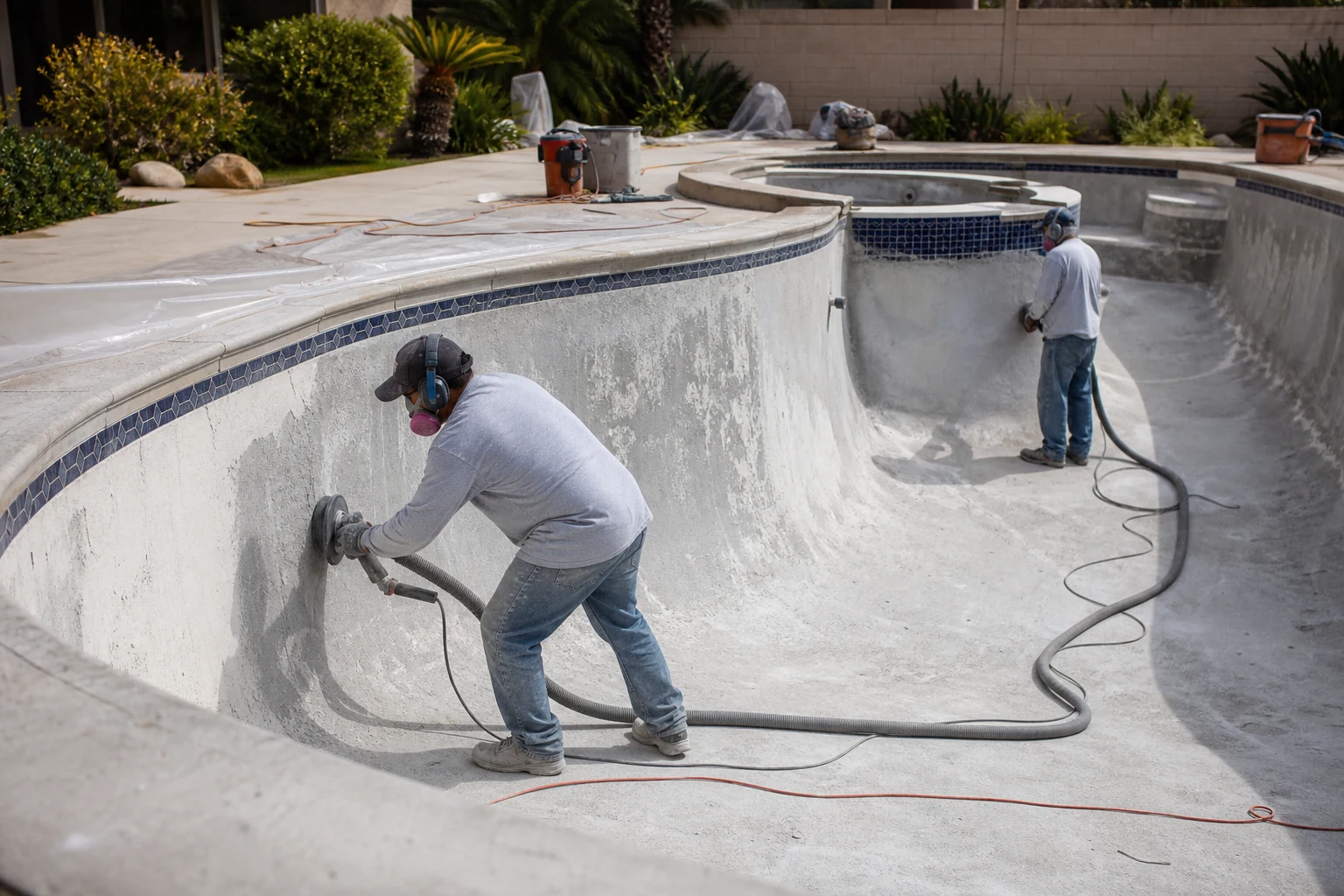 A drained concrete pool being carefully prepared for a new interior finish