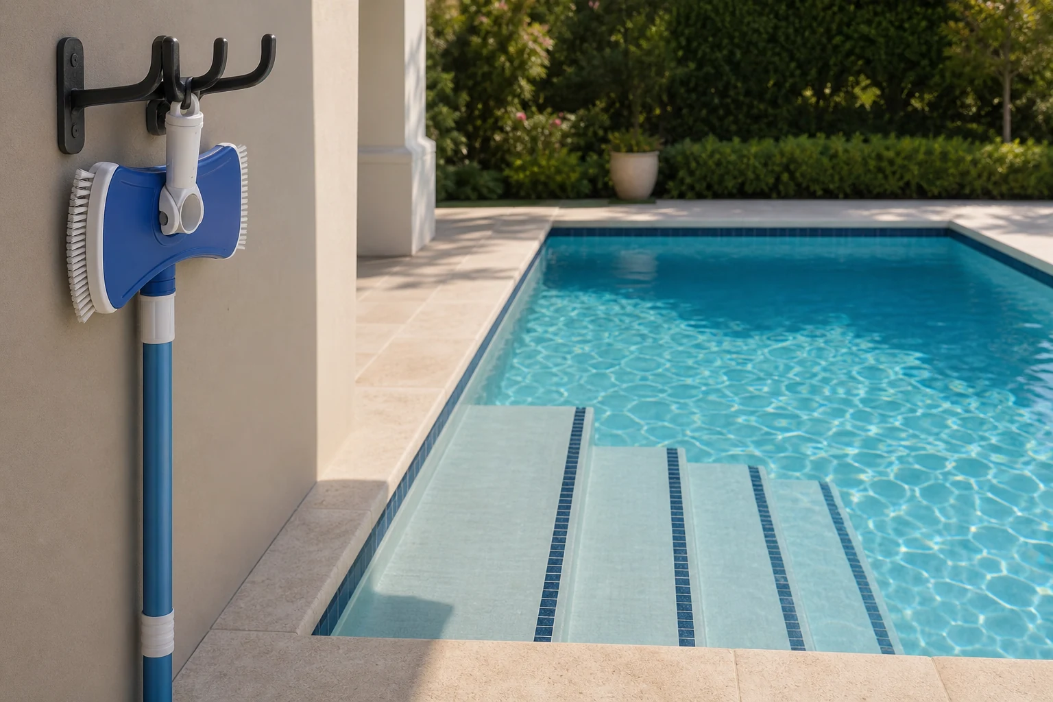 Freshly brushed pool steps and a clean vacuum head stored safely on deck