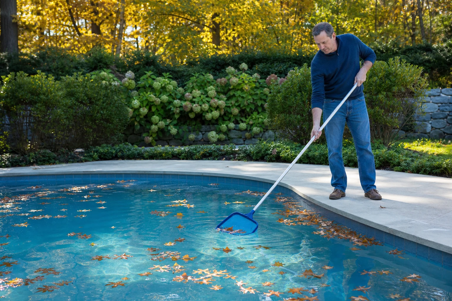 A homeowner skimming leaves from a clear backyard pool before brushing