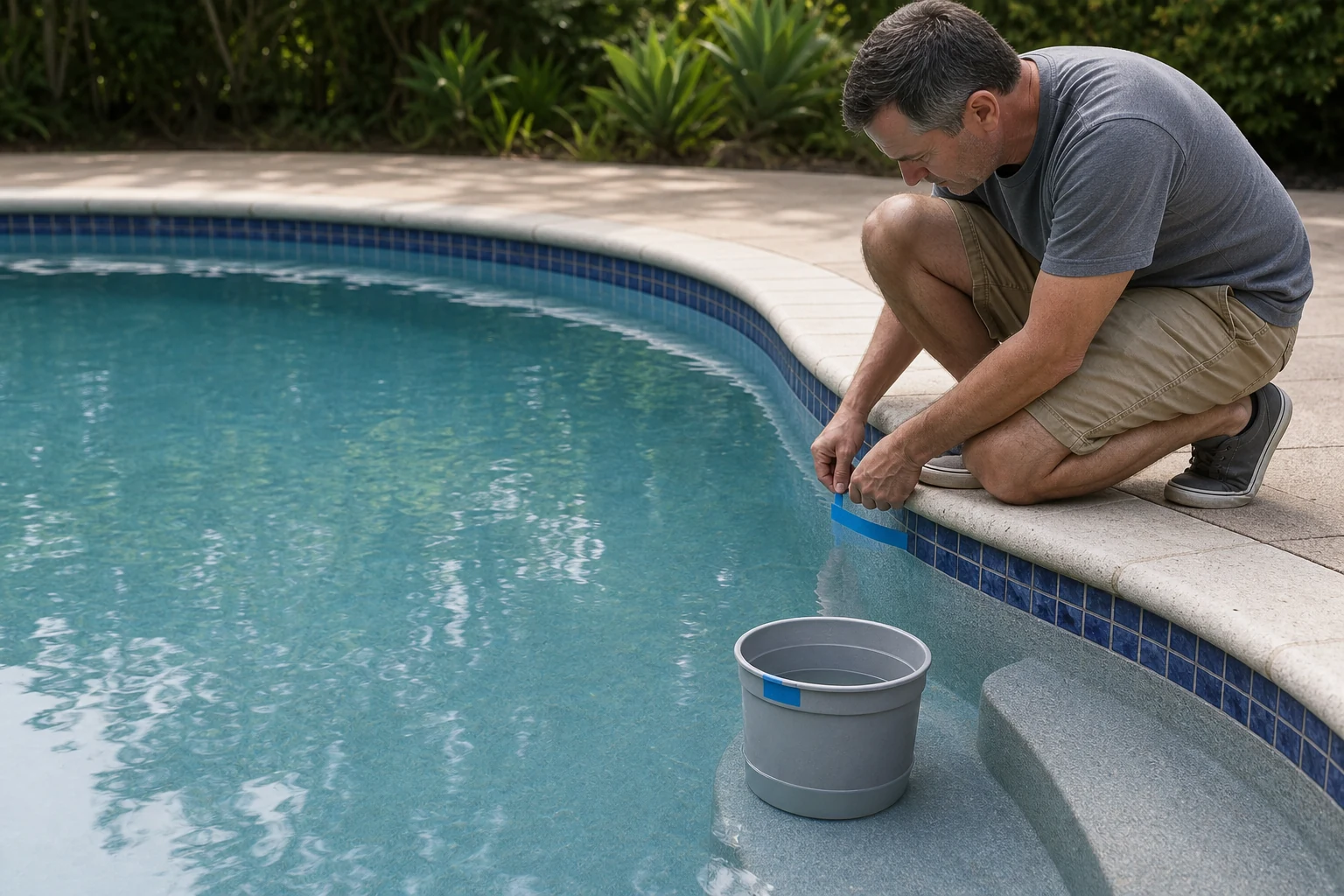 A homeowner marking pool water level beside a simple bucket evaporation test