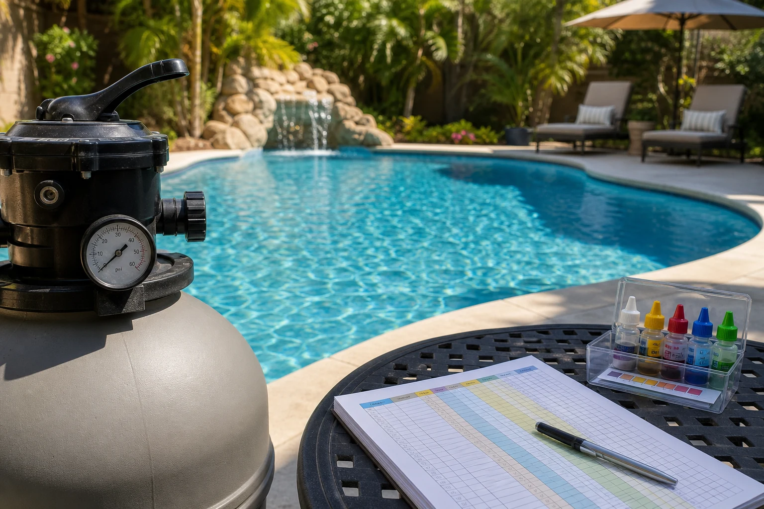 A restored clear pool with clean filter pressure and a completed water test log