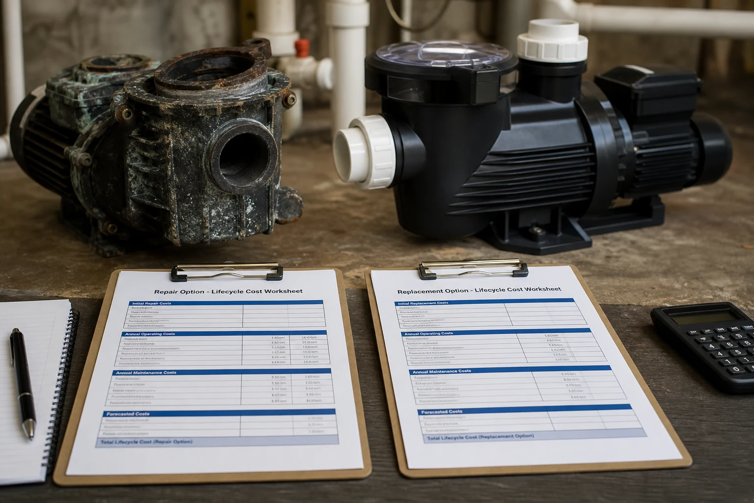 A side-by-side lifecycle worksheet comparing repair and installed replacement