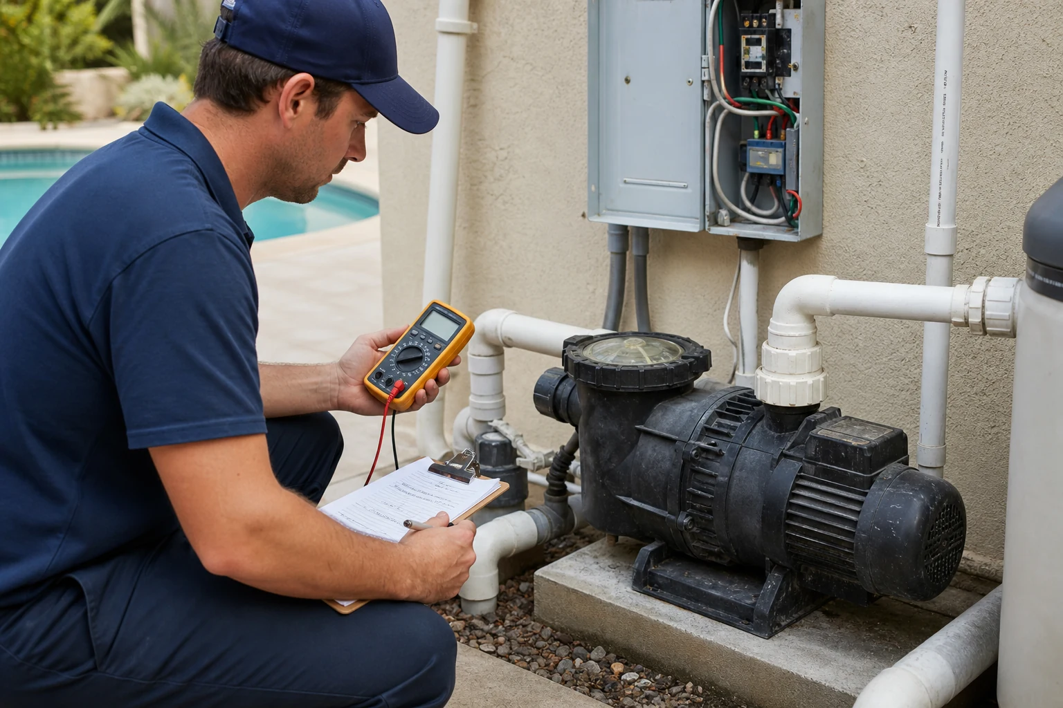 A technician diagnosing an aging pool pump before a repair-or-replace decision