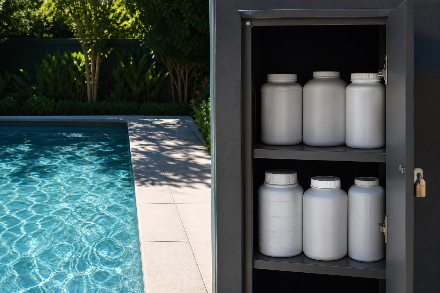 Clear pool water beside separate, closed, original chemical containers