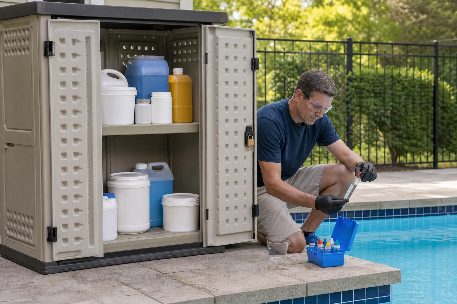 A secured pool chemical cabinet and a homeowner testing free chlorine