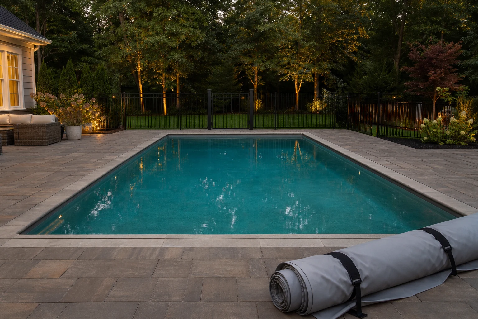 A closed and secured pool after a party with toys removed and gate latched