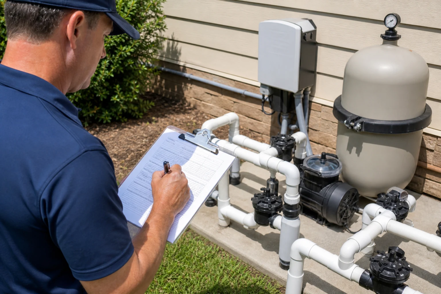 A homeowner recording salt, free chlorine, pH, and cell inspection results