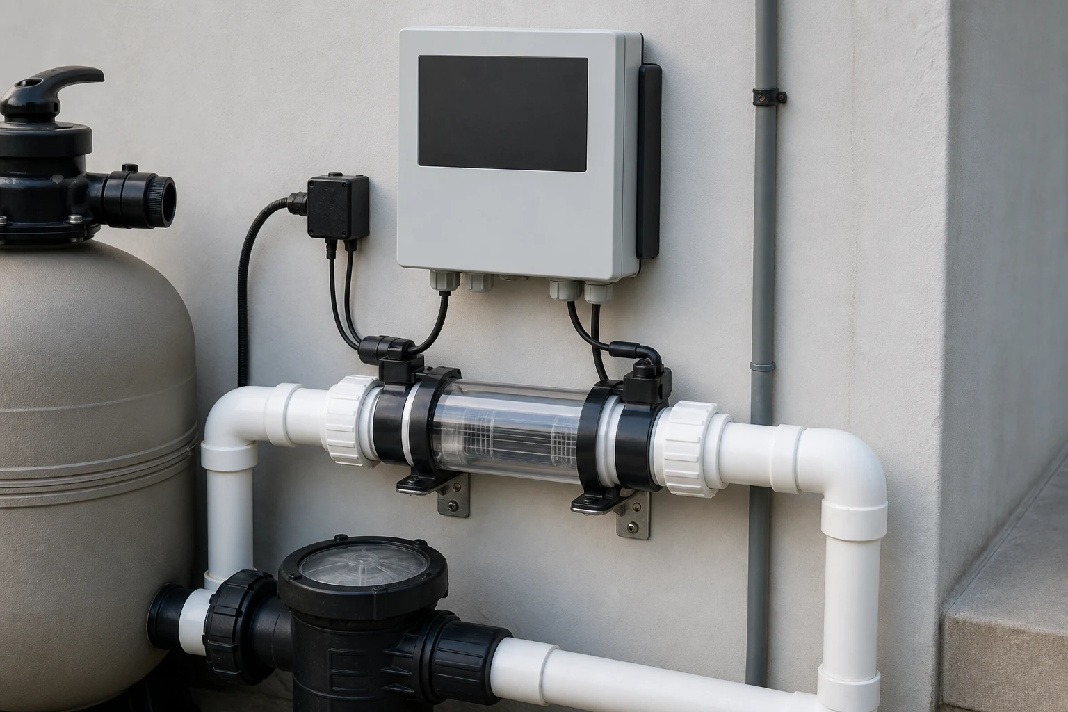 A saltwater chlorine generator cell and controller on a residential pool system