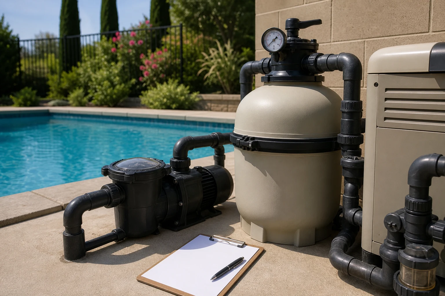 A tidy residential pool equipment area with a maintenance log and pressure gauge